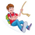 Boy Swinging On A Rope with A Backpack