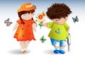 A boy in a T-shirt with an anchor gives a bouquet to a girl in an orange dress and hat, around fly butterflies, romance, love, a