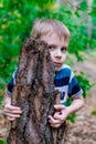 Boy in a T-shirt on a tree in the forest. Camping for the child Royalty Free Stock Photo