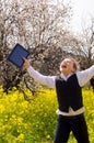 Boy with tablet rejoicing