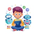 Boy with Tablet and Robots Learning Programming, Coding, and Artificial Intelligence Royalty Free Stock Photo