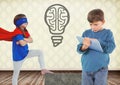 Boy on tablet and superhero girl in room with light bulb brain graphic