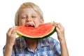 Boy taking big bite of water melon Royalty Free Stock Photo