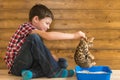 The boy teaches the little kitten walking in a tray, on wooden background wall