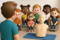 Boy teaching group of diverse kids cpr using mannequin. First aid training for children in school or classroom setting. Basic life Royalty Free Stock Photo