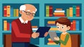 A boy teaching his grandfather how to use an ereader to access and read books from the library.. Vector illustration. Royalty Free Stock Photo