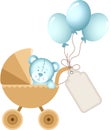 Boy teddy bear in baby carriage with label tag Royalty Free Stock Photo