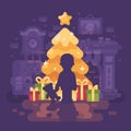 A boy with a teddy bear silhouette against a Christmas tree