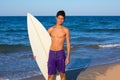 Boy teen surfer happy holing surfboard on the beach Royalty Free Stock Photo