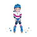 Boy teenager in a blue helmet knee learns to ride roller skates. Children in the sport.