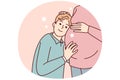 Boy teenager lean against belly of pregnant mother listens to heartbeat unborn child. Vector image