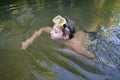 Boy teenager swims in river in summer Royalty Free Stock Photo