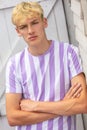 Boy teenager teen blonde male young man wearing striped t-shirt