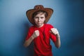 Boy, teenager, twelve years in red t-shirt with a Royalty Free Stock Photo
