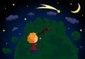 A boy with a telescope looking at the comet in the night sky wit Royalty Free Stock Photo