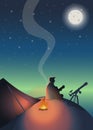 Boy and telescope near to bonfire and tent. Night sky landscape
