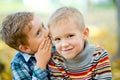 A boy tells a secret to his friend in the ear in an autumn Park against a background of yellow leaves. The boys smile