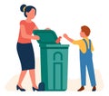 Boy throwing bottle in garbage container. Care about nature concept