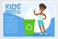 Boy throwing bottle into green container with plastic, waste recycling infographic concept, kids land banner flat vector