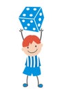 Boy with blue dice, humorous vector illustration, eps. Royalty Free Stock Photo