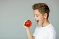 Boy about to bite a red apple, holding a fruit with one hand Royalty Free Stock Photo