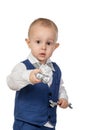 Boy with tools on white Royalty Free Stock Photo