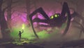 The boy with a torch facing giant spider
