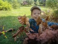 A boy tossing last year`s dry brown leaves