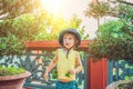 Boy tourist in Buddhist temple in Vietnam Nha Trang