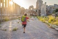 Boy tourist at the ruins of ancient city of Perge near Antalya Turkey. Traveling with kids concept Royalty Free Stock Photo