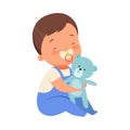 Boy with toy teddy bears is sitting. Vector illustration on a white background.