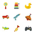 Boy toys icons set, flat style