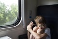 Boy on the train. Travel by railway. Rules for traveling on train with children Royalty Free Stock Photo