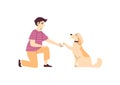 Boy training his dog flat style, give paw command, vector illustration