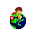 Boy is traveling on a globe . Character Vector Illustration on the theme World Tourism Royalty Free Stock Photo