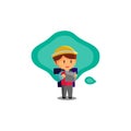 Boy is traveling while looking at the map. Character Vector Illustration on the theme World Tourism Royalty Free Stock Photo