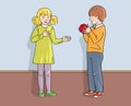 Boy treats girl apple in school corridor. Hand-drawn digital illustration Royalty Free Stock Photo