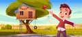 Boy, treehouse and swing in garden yard cartoon Royalty Free Stock Photo