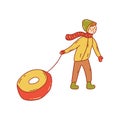 Boy and tube for riding down the hill. Vector child Royalty Free Stock Photo