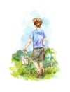 Boy with two buckets goes on a path to water the garden