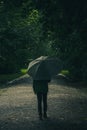 boy with an umbrella in a forest when there is bad weather Royalty Free Stock Photo