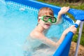 Boy underwater in a mask. A child swims in the pool. A boy in the water glasses in the water Royalty Free Stock Photo