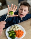 Boy unsatisfied with vegetable lunch