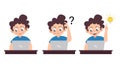 Boy use laptop with different poses, confused, and getting idea while using laptop, cartoon vector illustration