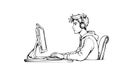 Boy uses computer headphones. He sits focused typing coding. Suitable web development education games. Isolated sketch