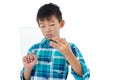 Boy using a glass digital tablet Royalty Free Stock Photo