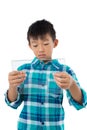 Boy using a glass digital tablet Royalty Free Stock Photo