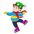 A boy is using the green hat and red shawl with the ice skating shoes