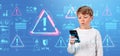 Boy using smartphone, system alert hologram with diverse glowing icons