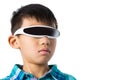 Boy using virtual reality glasses against white background Royalty Free Stock Photo